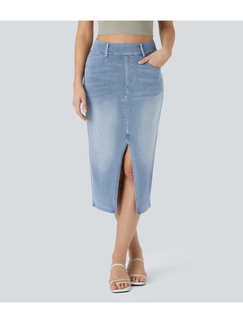 Halara Flex High Waisted Pockets Washed Denim Casual Midi Skirt Size [XS]